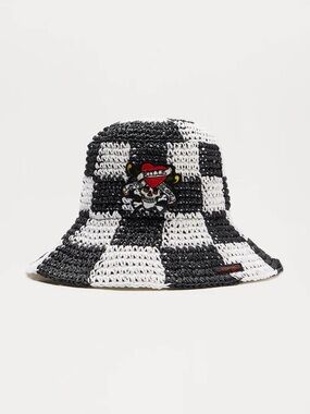 Ed Hardy Black & White Checkered Straw Sun Hat with Love Kills Slowly Patch NWT